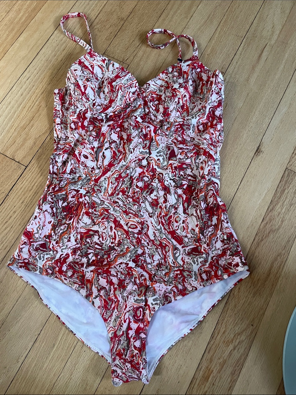 Bottega Veneta Cream, Red & beige bustier swimsuit